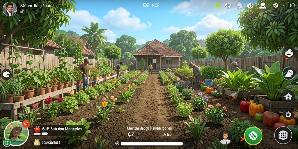 Screenshot gameplay 6CF menampilkan kebun indah dengan tanaman yang subur.