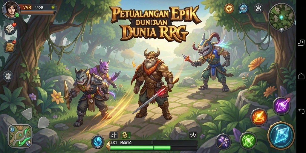 Tangkapan layar gameplay V98 menampilkan pertempuran seru di dunia fantasi.